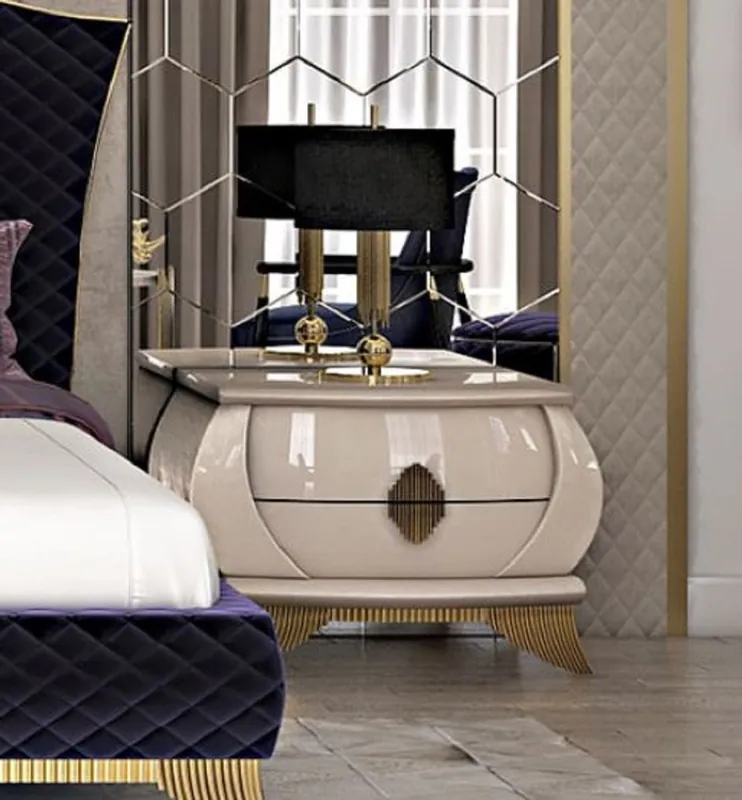 Casa Padrino comodino Art Deco di lusso crema / oro 75 x 50 x A. 55 cm - Elegante comodino in legno massello con 2 cassetti - Mobili per Camera da Letto e Hotel Art Deco di Lusso Finale Aktion