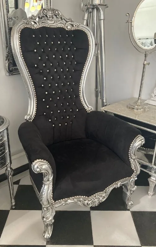 Finale Aktion Casa Padrino poltrona trono barocco con tessuto in velluto e strass nero / argento - Poltrona reale in stile barocco - Poltrona da matrimonio barocco - Poltrona gigante barocco - Mobili barocchi