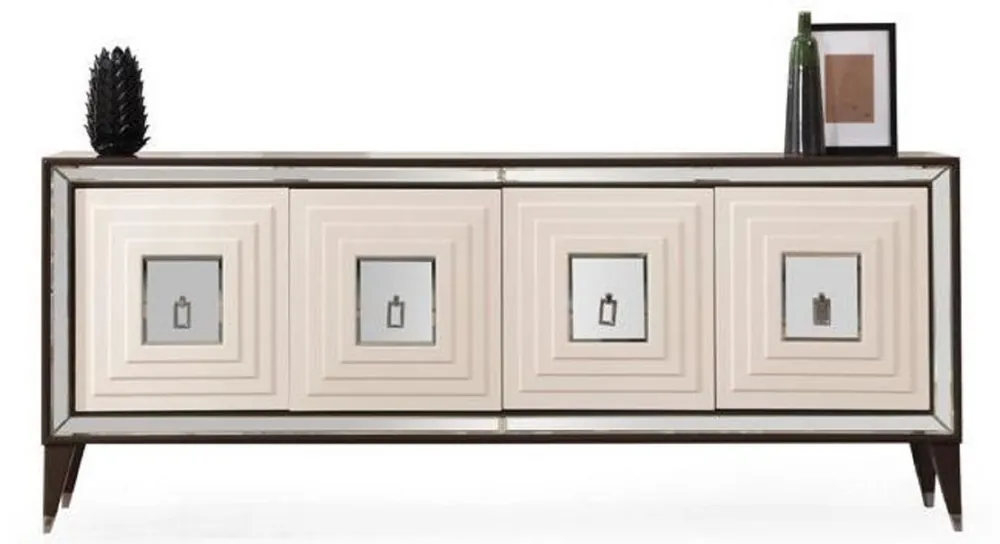 Kracherpreis Casa Padrino credenza di lusso marrone scuro / crema / argento 220 x 48 x A. 90 cm - Armadio in legno massello a specchio con 4 ante - Mobile sala da pranzo - Mobile di lusso - Arredamento di lusso