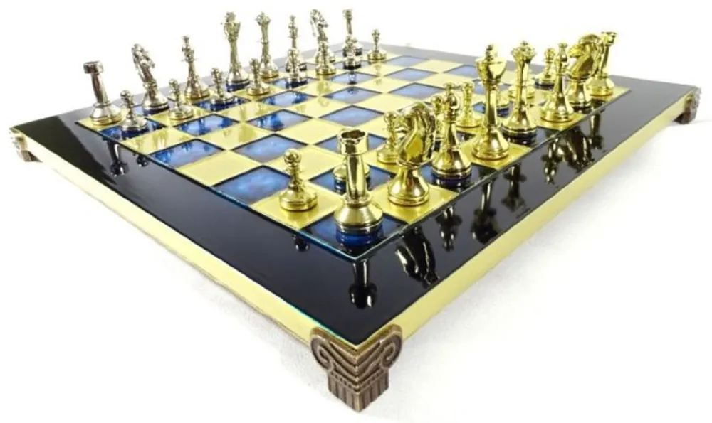 Begrenztes Angebot Casa Padrino set di scacchi di lusso nero / blu / oro / argento / ottone 36 x 36 cm - Scacchiera in ottone dipinto a mano con pezzi degli scacchi in metallo - Accessori decorativi di lusso