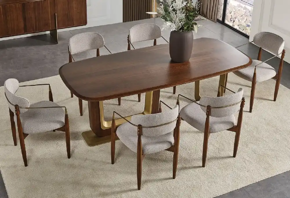 Neue Kollektion Casa Padrino set da pranzo di lusso grigio / marrone / ottone - 1 Tavolo da Pranzo di Lusso e 6 Sedie da Pranzo di Lusso con Braccioli - Mobili per sala da pranzo - Mobili di lusso