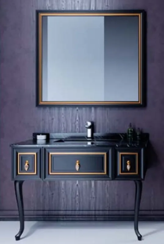 Sonderangebot Casa Padrino set da bagno barocco di lusso nero opaco / oro opaco - 1 Armadio del Lavandino con Piano in Marmo e Lavabo in Ceramica Integrato e 1 Specchio da Parete a LED - Mobile bagno barocco