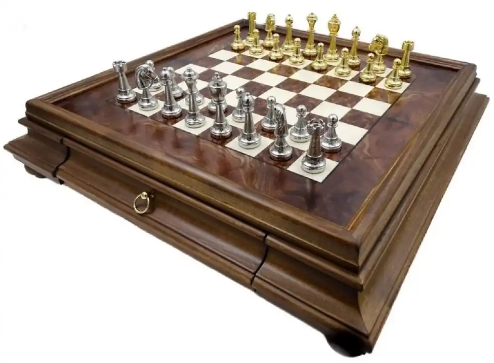Casa Padrino set di scacchi di lusso marrone / bianco / argento / oro 53 x 53 x A. 9.5 cm - Set di scacchi in legno - Scacchiera in legno con pezzi degli scacchi in metallo lavorati a mano Sonderaktion