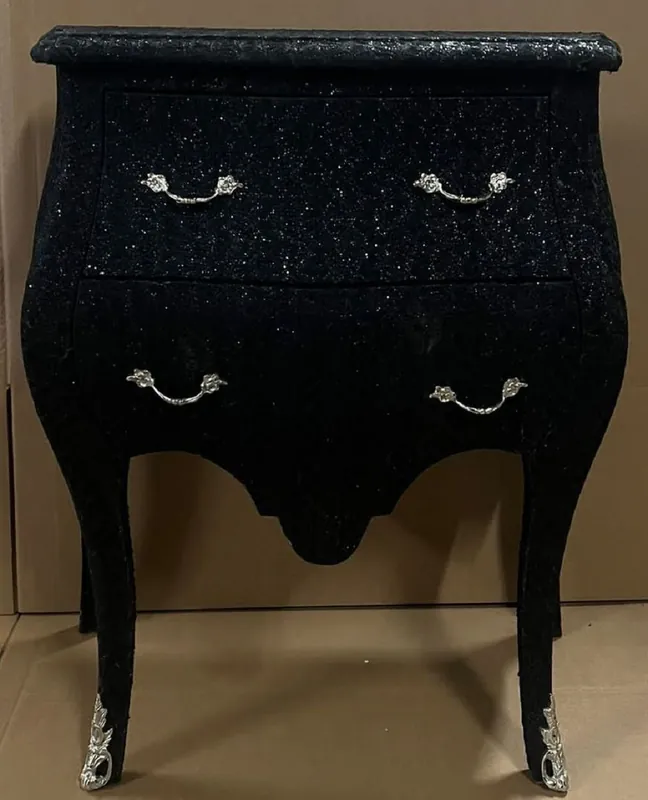 Preisreduziert Casa Padrino cassettone barocco nero effetto glitter / argento - Comodino in stile barocco fatto a mano con 2 cassetti - Mobili barocchi - Mobili camera da letto in stile barocco