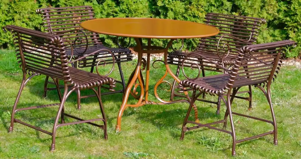 Rabatt Casa Padrino set di mobili da giardino in ferro battuto Art Nouveau marrone / marrone scuro - 1 Tavolo da Giardino e 4 Sedie da Giardino con Braccioli - Mobili da Giardino Barocco e Art Nouveau