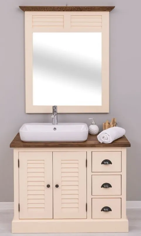 Casa Padrino set da bagno stile country beige / marrone scuro - 1 Mobile Lavello in Stile Country con Lavabo e Rubinetto e 1 Specchio da Parete in Stile Country - Mobile da bagno in stile country Echt