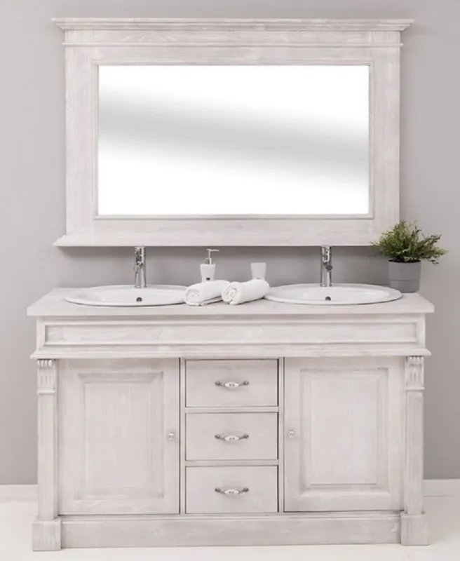 Casa Padrino set da bagno stile country grigio chiaro - 1 Mobile Lavello Doppio e 2 Lavabi e 2 Rubinetti e 1 Specchio a Parete - Mobili da Bagno in Legno Massello Stile Country Must-Have