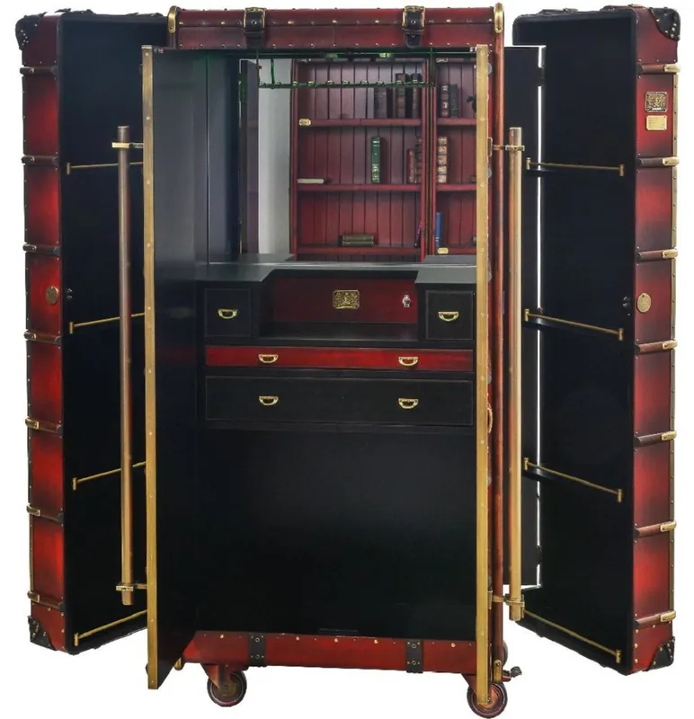 Casa Padrino armadio bar di lusso con ruote bordeaux rosso / ottone 110 x 50 x A. 170 cm - Armadio valigia in look retrò - Armadio del vino stile retrò - Mobile bar - Mobile di lusso Heißes Angebot