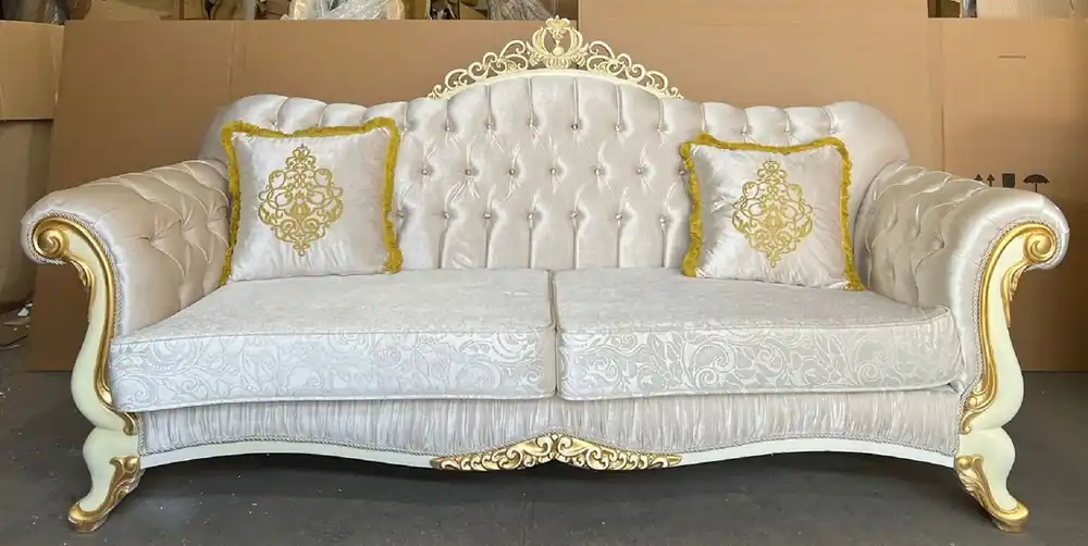 Echt Casa Padrino divano barocco di lusso argento / crema / oro - Divano da salotto in stile barocco con strass - Mobili da soggiorno di lusso in stile barocco - Mobili barocchi