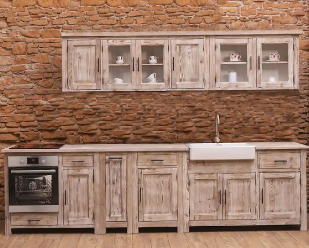 Markenware Casa Padrino cucina componibile stile country naturale 387 x 65 x A. 90 cm - Cucina in legno massello - Mobili sala da pranzo in stile country - Cucine componibili in legno massello stile country