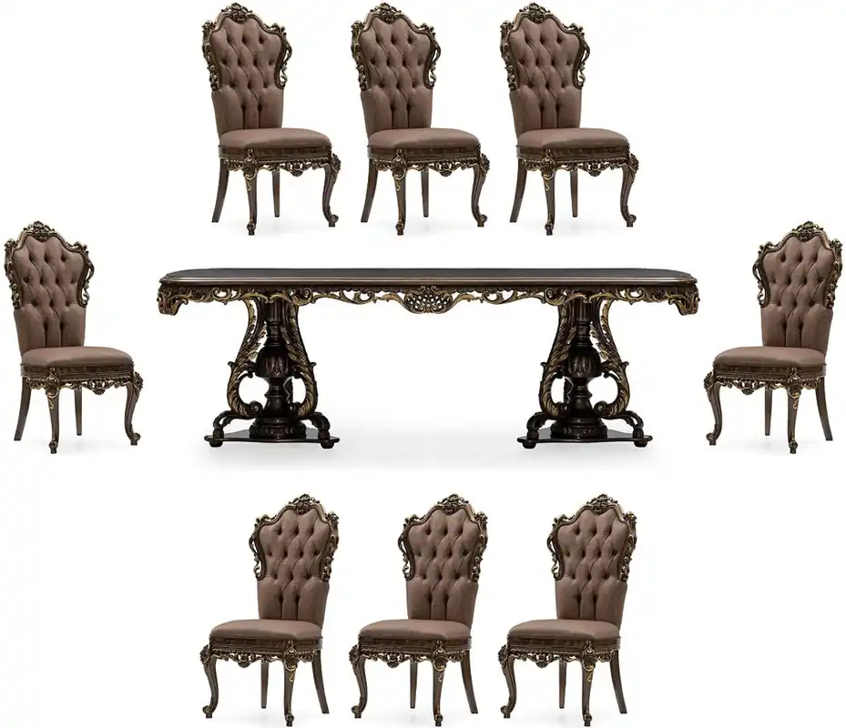 Casa Padrino set da sala da pranzo barocco di lusso grigio / marrone / oro - 1 Tavolo da Pranzo Barocco e 8 Sedie da Pranzo Barocco - Mobili per sala da pranzo di lusso in stile barocco Preisknaller
