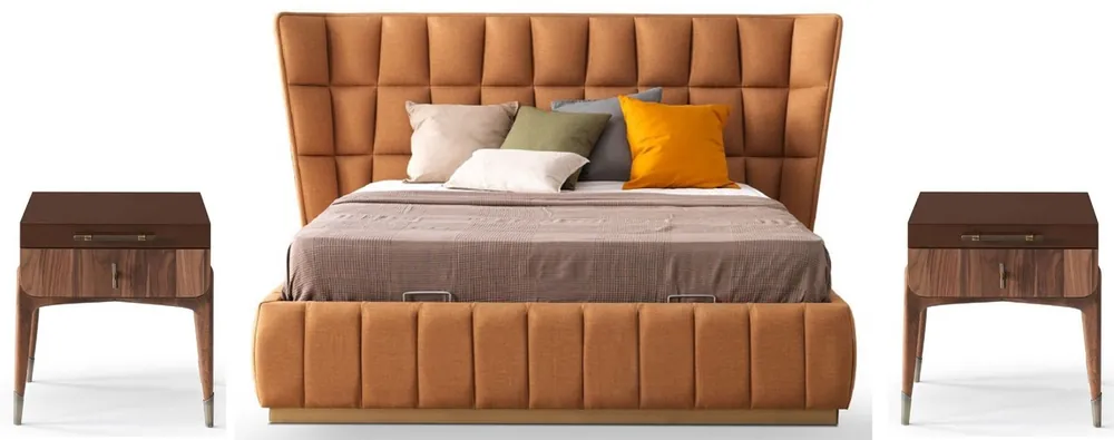 Casa Padrino set per camera da letto di lusso marrone chiaro / marrone - 1 Letto Matrimoniale con Testiera e 2 Comodini - Mobili camera da letto di lusso - Arredamento camera da letto di lusso Neue Kollektion