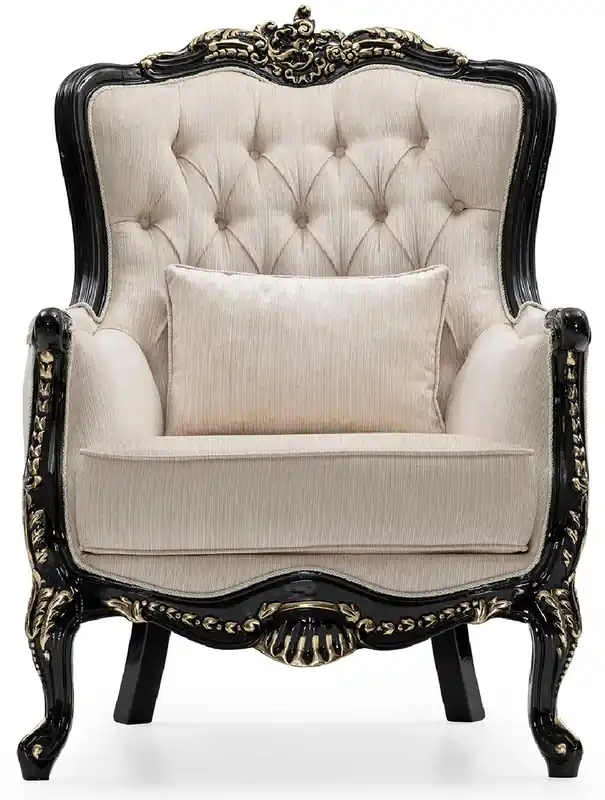 Casa Padrino poltrona da soggiorno barocco di lusso crema / nero / oro - Poltrona in stile barocco fatta a mano con cuscino - Mobili da soggiorno di lusso in stile barocco - Mobili barocchi Highlight