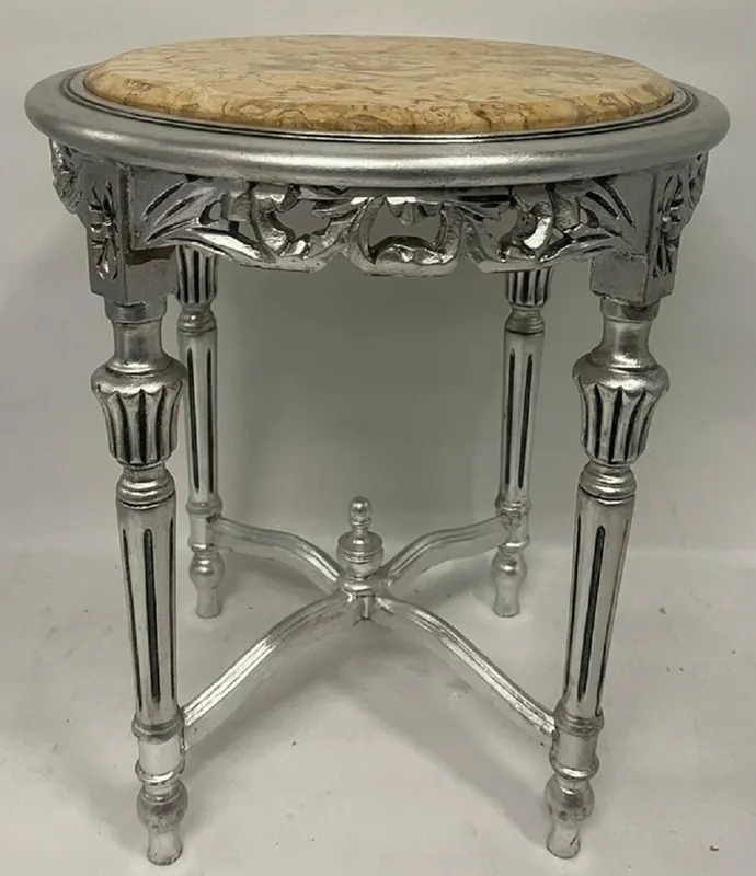 Markenware Casa Padrino tavolino barocco argento / beige - Tavolo rotondo in stile antico fatto a mano con piano in marmo - Mobile soggiorno in stile barocco - Mobile in stile antico - Mobile barocco