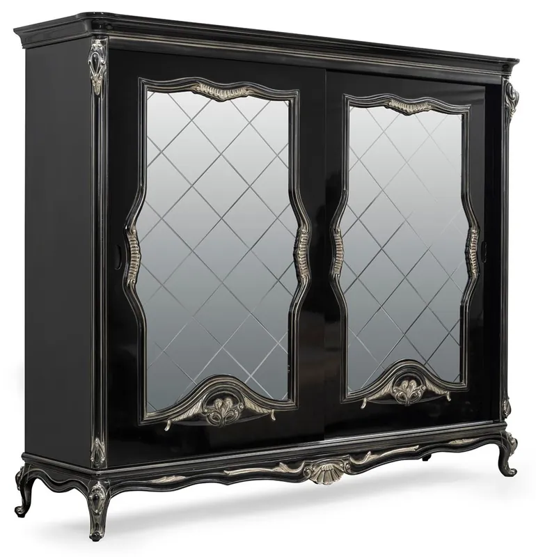 Casa Padrino armadio da camera da letto barocco di lusso nero / argento - Magnifico armadio legno massello con 2 ante scorrevoli a specchio - Armadio barocco - Mobile per camera da letto barocco Must-Have