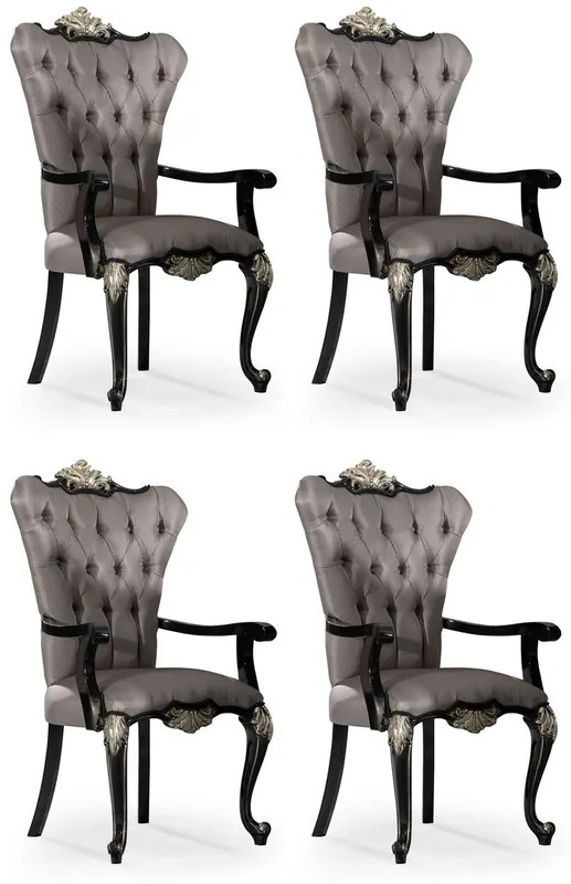 Saisonangebot Casa Padrino set di 4 sedie da pranzo barocco di lusso con braccioli argento / nero / argento - Magnifiche sedie da cucina in stile barocco - Mobili per sala da pranzo barocco di lusso