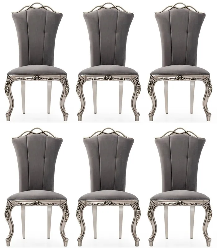 Top-Seller Casa Padrino set di 6 sedie da pranzo barocco di lusso grigio / argento - Sedie da cucina decorate in stile barocco - Mobili da sala da pranzo barocchi di lusso - Mobili barocco
