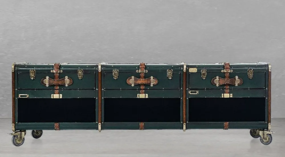 Neue Ware Casa Padrino armadio TV di lusso in ottica valigia verde / marrone / ottone 201 x 48 x A. 65 cm - Armadio valigia in legno massello con ruote - Mobile soggiorno - Mobile di lusso in ottica valigia
