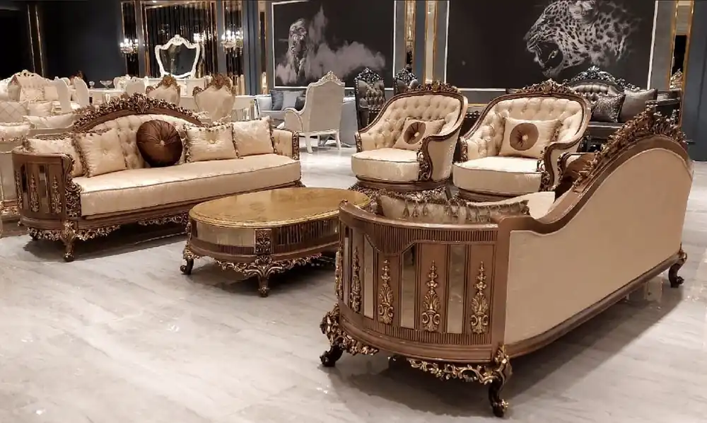Solange Der Vorrat Reicht Casa Padrino set da soggiorno barocco di lusso oro / marrone / oro - 2 Divani Barocchi e 2 Poltrone Barocche e 1 Tavolo da Salotto Barocco - Mobili da soggiorno barocco - Nobile e Magnifico
