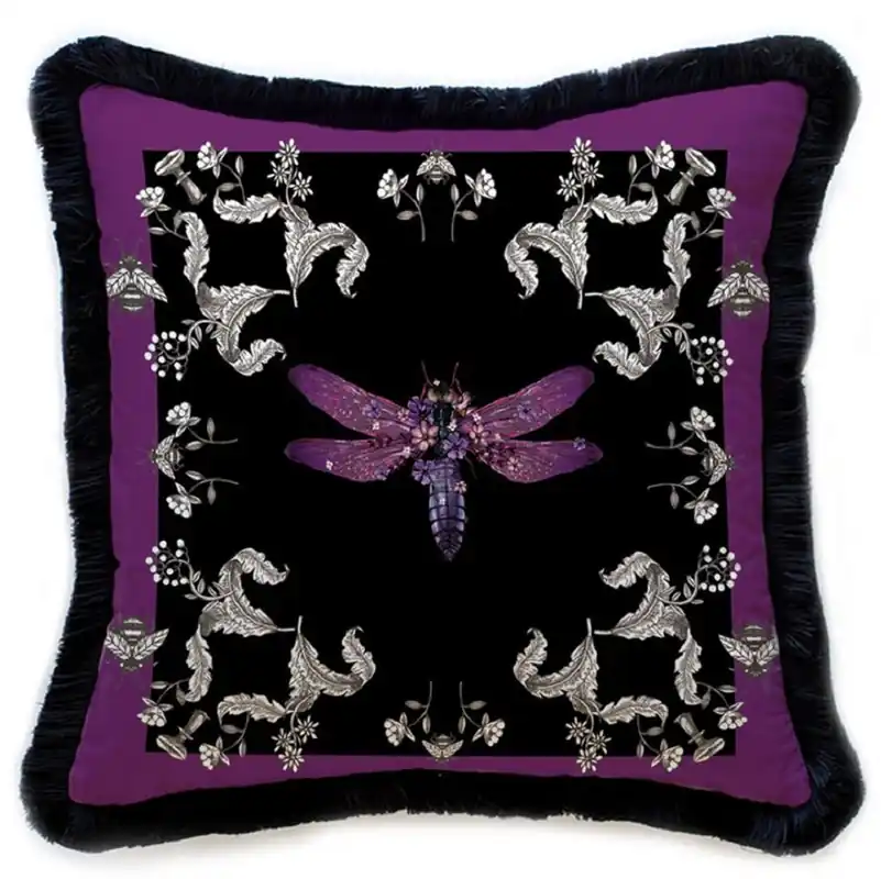 Saisonangebot Casa Padrino cuscino decorativo di lusso libellula e fiori viola / grigio / nero 45 x 45 cm - Cuscino in velluto stampato con frange - Accessori decorativi di lusso