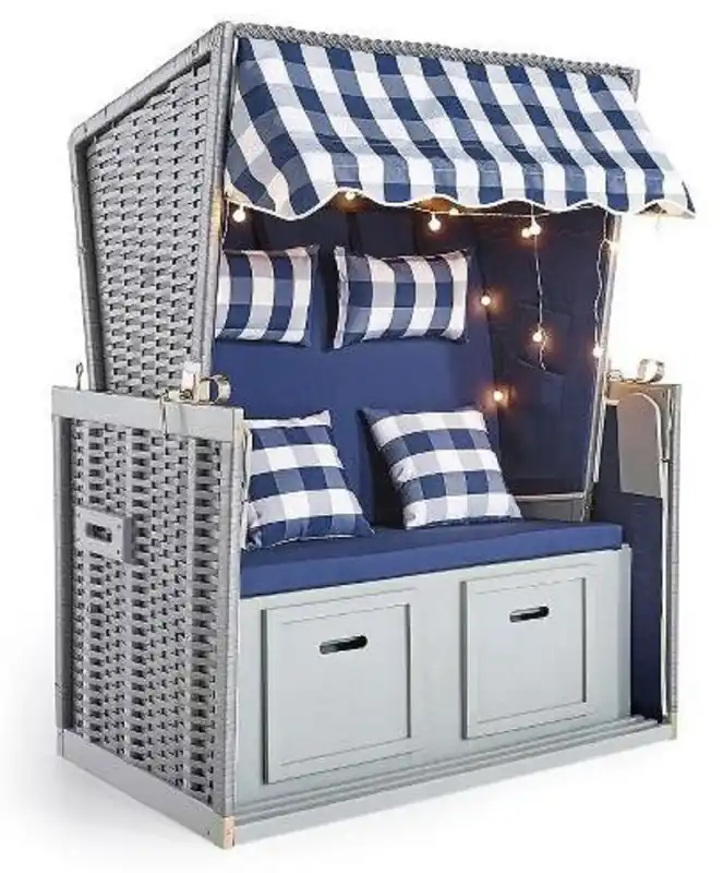 Casa Padrino sedia da spiaggia grigio / blu / bianco 116 x 76 x A. 160 cm - Sedia da spiaggia in legno con tetto e illuminazione a LED - Mobili giardino - Mobili piscina - Mobili esterno Günstig