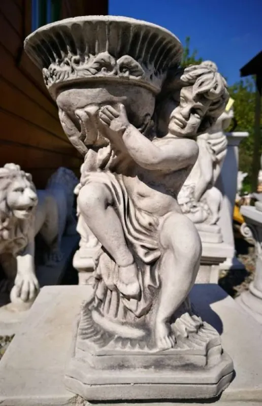 Solange Der Vorrat Reicht Casa Padrino Scultura Art Nouveau Ragazzo con Vaso da Fiori Grigio A. 33 cm - Elegante Decorazione da Giardino Figura in Pietra con Vaso per Piante - Decorazione del Giardino Barocco e Art Nouveau
