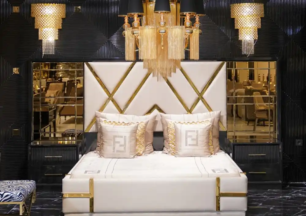 Sale Casa Padrino set per camera da letto di lusso crema / nero / oro - 1 Letto Matrimoniale con Testiera a Specchio e 2 Comodini - Mobili camera da letto di lusso - Arredamento camera letto di lusso