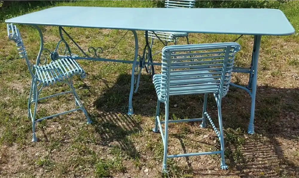 Casa Padrino set di mobili da giardino in ferro battuto Art Nouveau azzurro - 1 Tavolo da Pranzo da Giardino Art Nouveau e 6 Sedie da Giardino - Mobili da Giardino Barocco e Art Nouveau Preiswert