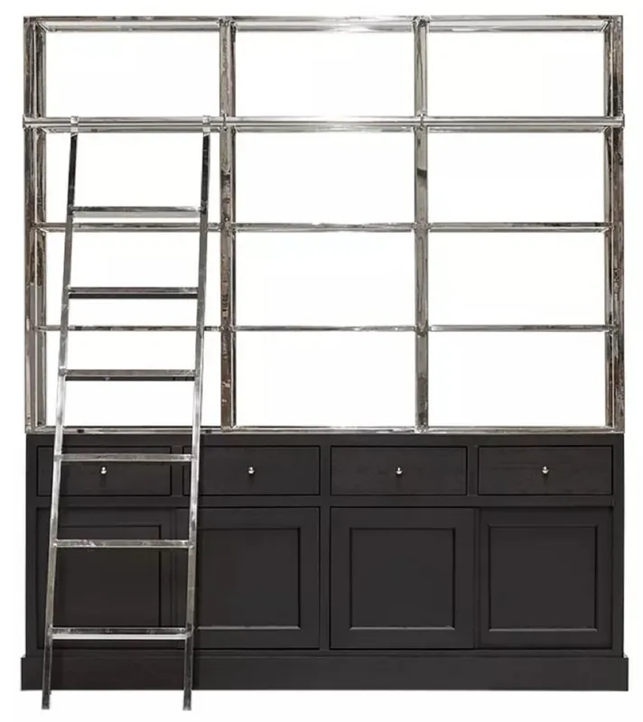 Casa Padrino armadio scaffale con scala nero / argento 219 x 43 x A. 240 cm - Armadio per libri - Armadio da soggiorno - Armadio da ufficio - Mobili soggiorno - Mobili ufficio - Mobili di lusso Neue Kollektion