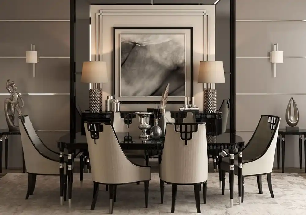 Knallerangebot Casa Padrino set da sala da pranzo Art Deco di lusso grigio / nero / argento - 1 Tavolo da Pranzo Art Deco e 6 Sedie da Pranzo Art Deco - Mobili per Sala da Pranzo Art Deco - Qualità di Lusso
