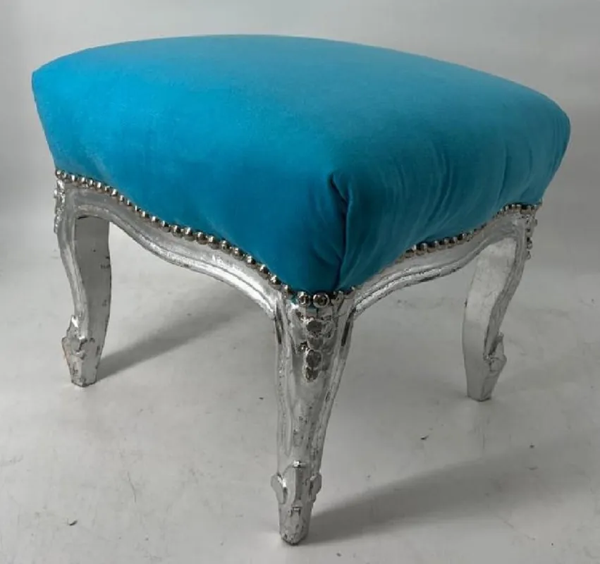 Casa Padrino poggiapiedi barocco azzurro / argento - Sgabello artigianale in stile antico con pregiato velluto - Mobile soggiorno in stile barocco - Mobile barocco Expressversand