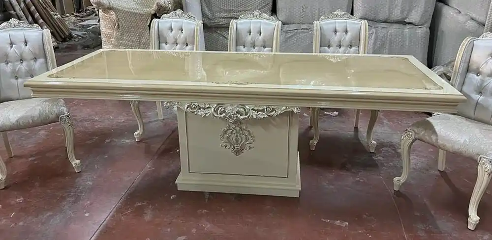 Casa Padrino set da sala da pranzo barocco di lusso argento / beige / bianco - 1 Tavolo da Pranzo Barocco e 6 Sedie da Pranzo Barocco - Mobili per sala da pranzo di lusso in stile barocco Angebot