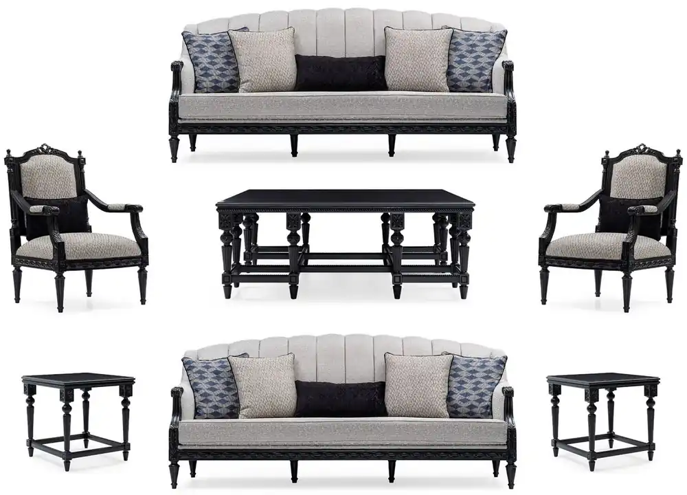 Casa Padrino set da soggiorno barocco di lusso argento / nero - 2 Divani e 2 Poltrone e 1 Tavolo da Salotto e 2 Tavolini - Mobili da soggiorno barocco - Nobile e Magnifico Schneller Versand