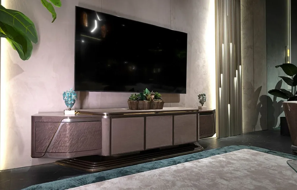 Ausverkauf Casa Padrino armadio TV di lusso grigio / oro 251 x 50 x A. 58 cm - Credenza in legno massello con 5 ante - Mobile soggiorno - Mobile di lusso - Arredamento di lusso