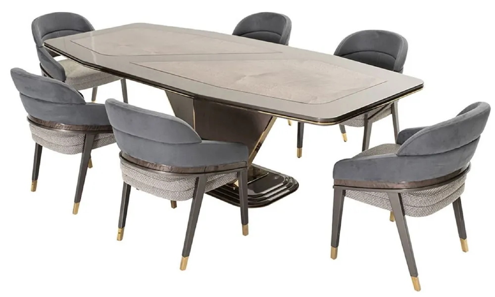 Casa Padrino set da pranzo di lusso blu / grigio / oro - 1 Tavolo da pranzo di lusso e 6 Sedie da pranzo di lusso - Mobili per sala da pranzo - Mobili di lusso - Arredi di lusso Neue Kollektion