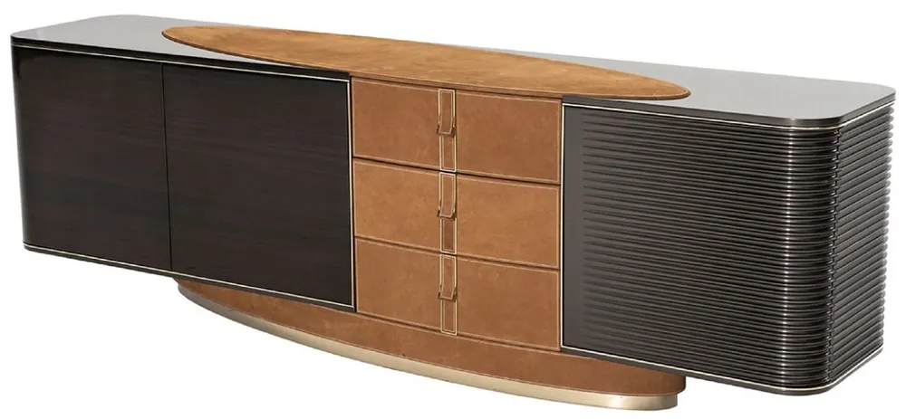 Sonderaktion Casa Padrino credenza di lusso marrone chiaro / marrone scuro / grigio / oro 249 x 52,5 x A. 76 cm - Armadio in legno massello con 3 ante e 3 cassetti - Mobile di lusso - Mobile hotel