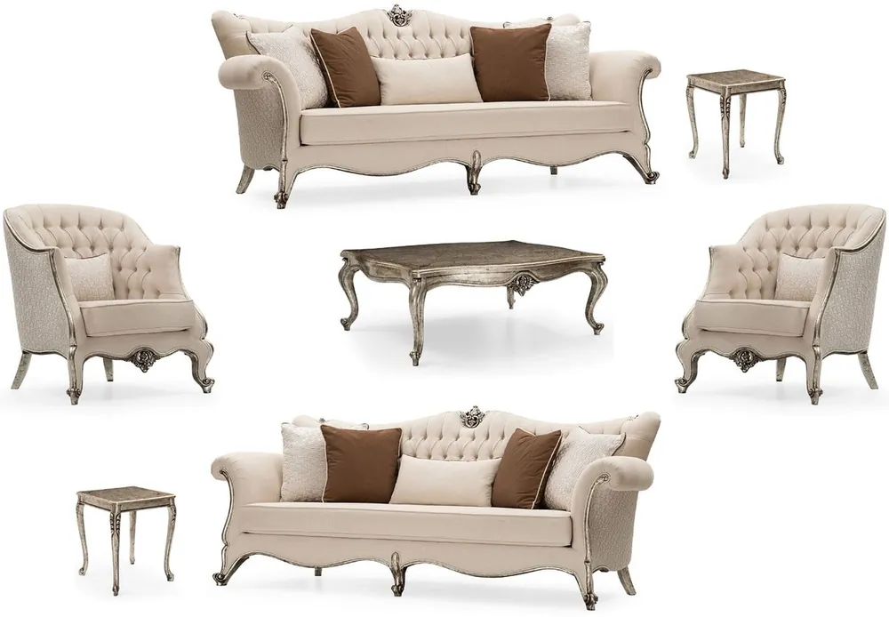 Geprüft Casa Padrino set da soggiorno barocco di lusso crema / argento / argento antico - 2 Divani e 2 Poltrone e 1 Tavolo da Salotto e 2 Tavolini - Mobili da soggiorno barocco - Nobile e Magnifico