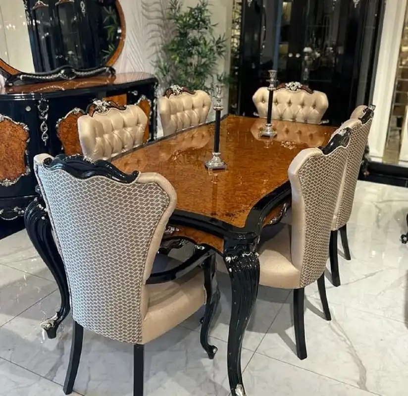 Casa Padrino set da pranzo barocco di lusso oro / marrone / nero / argento - 1 Tavolo da Pranzo Barocco e 6 Sedie da Pranzo Barocco - Mobili da sala da pranzo barocchi - Nobile e Magnifico Sale