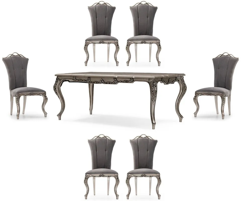 Casa Padrino set da sala da pranzo barocco di lusso grigio / argento - 1 Tavolo da Pranzo Barocco e 6 Sedie da Pranzo Barocco - Mobili per sala da pranzo di lusso in stile barocco Begrenztes Angebot