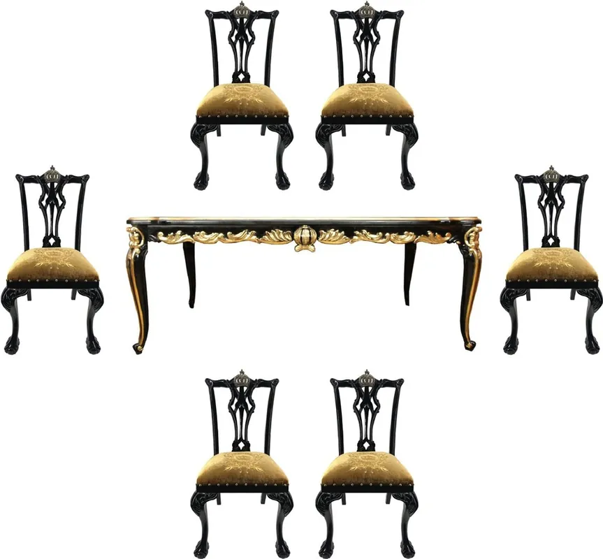 Pompöös di Casa Padrino Set da Pranzo Barocco di Lusso Oro / Nero - Pompöös Tavolo da Pranzo Barocco con Piano in Vetro e 6 Sedie disegnato da Harald Glööckler - Mobili Barocco Markenware