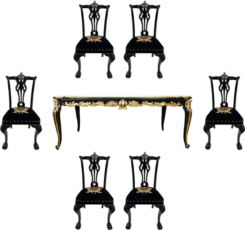 Letzte Chance Pompöös di Casa Padrino Set da Pranzo Barocco di Lusso Nero / Oro - Pompöös Tavolo da Pranzo Barocco con Piano in Vetro e 6 Sedie disegnato da Harald Glööckler - Mobili Barocco