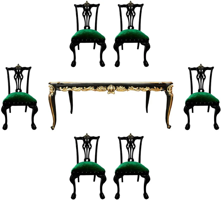 Pompöös di Casa Padrino Set da Pranzo Barocco di Lusso Verde / Nero / Oro - 1 Tavolo da Pranzo Barocco con Piano in Vetro e 6 Sedie disegnato da Harald Glööckler - Pompöös Mobili Barocco Preis Gesenkt
