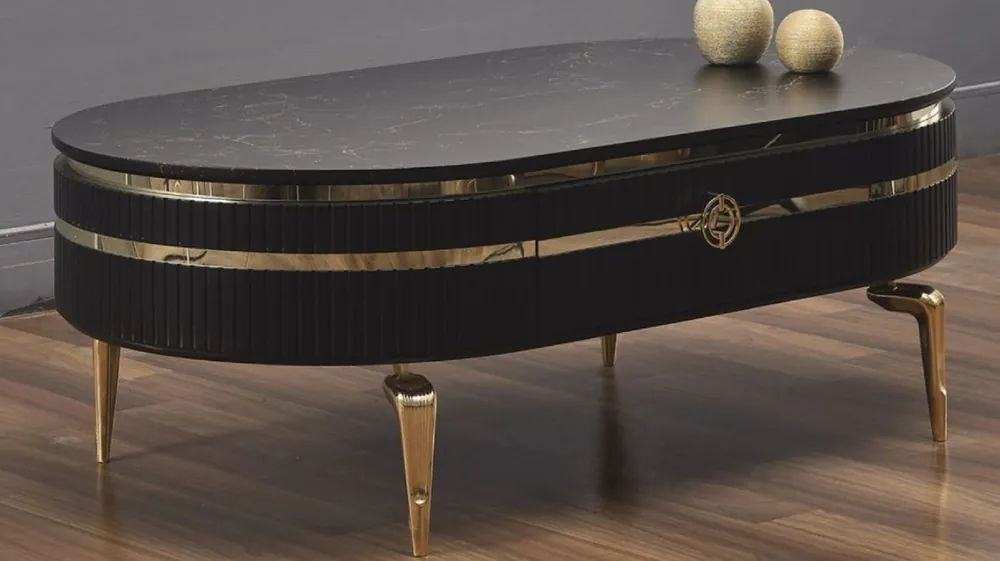 Casa Padrino tavolo da salotto Art Deco di lusso nero / oro 120 x 67 x A. 42 cm - Tavolo da soggiorno ovale con cassetto e piano in marmo artificiale - Mobili soggiorno di lusso - Mobili Art Deco Abverkauf