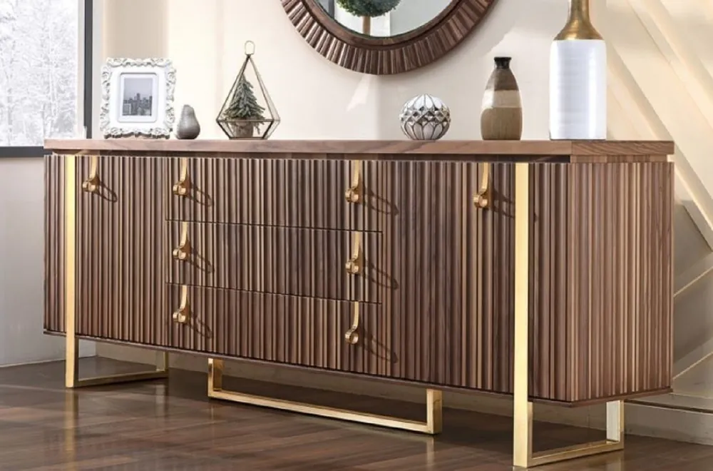 Echt Casa Padrino armadio del soggiorno Art Deco di lusso marrone / oro 200 x 42 x A. 80 cm - Armadio nobile in legno massello con 2 ante e 3 cassetti - Mobili Art Deco - Mobili di Lusso
