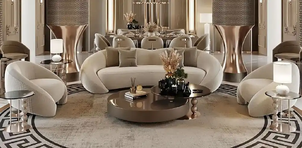 Casa Padrino Set da Soggiorno di Lusso Grigio Chiaro / Rame / Nero - 2 Divani di Lusso e 2 Poltrone di Lusso e 1 Tavolo da Salotto di Lusso e 2 Tavolini di Lusso - Mobili da Soggiorno di Lusso Garantierte Lieferung