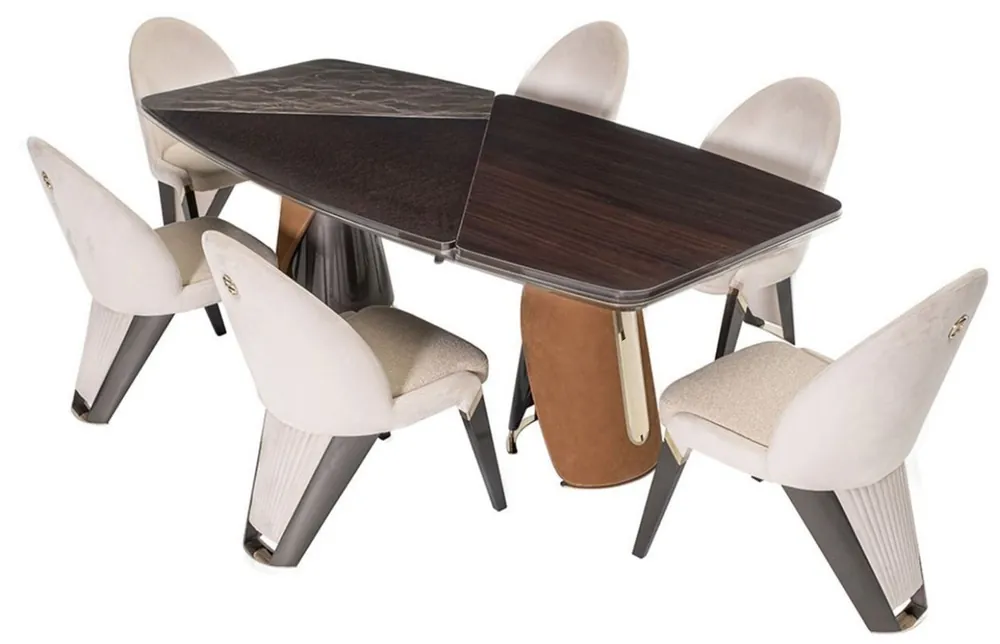 Casa Padrino set da pranzo di lusso marrone scuro / crema / grigio / marrone chiaro / oro - 1 Tavolo da pranzo di lusso e 6 Sedie da pranzo di lusso - Mobili per sala da pranzo - Mobili di lusso Neuheit