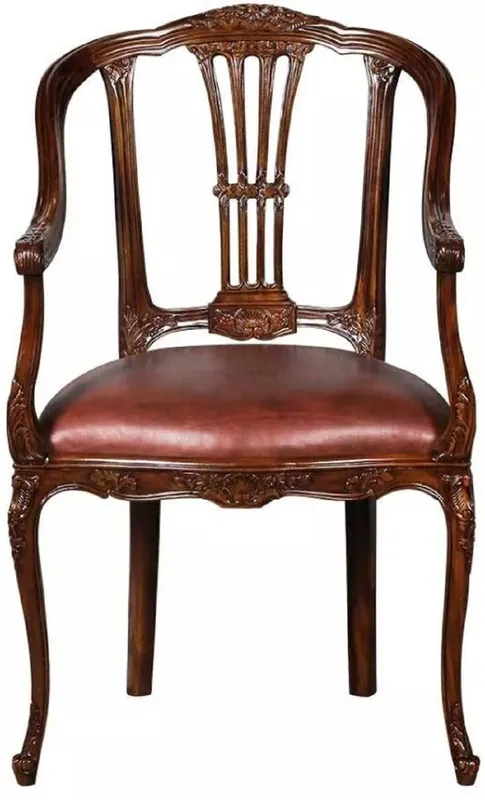 Jetzt Bestellen Casa Padrino sedia da pranzo in pelle barocco di lusso con braccioli marrone - Magnifica sedia da cucina in legno massello con elegante vera pelle - Mobili per sala da pranzo - Mobili barocchi