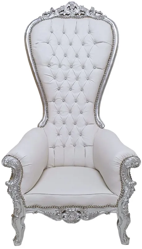 Knallerangebot Casa Padrino poltrona trono barocco con pelle artificiale e strass bianco / argento - Poltrona reale fatta a mano - Magnifica poltrona da matrimonio - Poltrona gigante barocco - Mobili barocchi