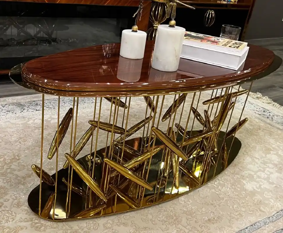 Meistverkauft Casa Padrino tavolo da salotto di lusso marrone / oro 120 x 51 x A. 47 cm - Tavolo da soggiorno ovale in acciaio inox con piano in legno massello - Mobili soggiorno - Mobili di lusso