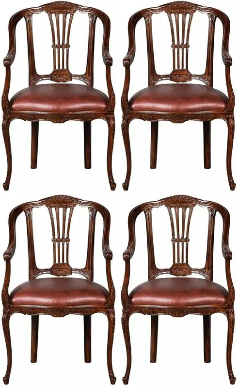 Schneller Versand Casa Padrino set di 4 sedie da pranzo in pelle barocco di lusso con braccioli marrone - Magnifiche sedie da cucina in vera pelle in stile barocco - Mobili per sala da pranzo barocco di lusso
